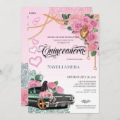 ピンクのバラ エメラルドグリーンのローライダー チカーナのキンセ 招待状 (正面/裏面)