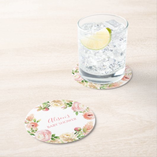 ピンクのバラ エレガントな花の女の子 ベビーシャワー ラウンドペーパーコースター (インサイチュ)