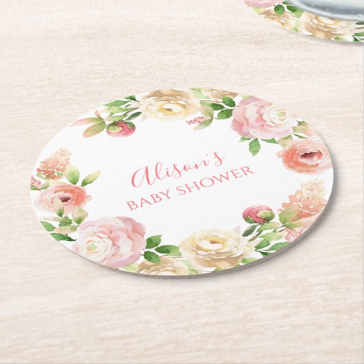 ピンクのバラ エレガントな花の女の子 ベビーシャワー ラウンドペーパーコースター (アングル)