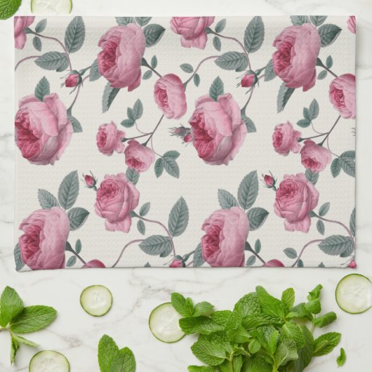 ピンクのバラ キッチンタオル (折り畳み)