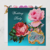 ピンクのバラ、キューピッドのレースハートブルー結婚ズモノグラム 招待状 (正面/裏面)