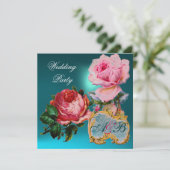 ピンクのバラ、キューピッドのレースハート、青い結婚式のモノグラム 招待状 (スタンド正面)