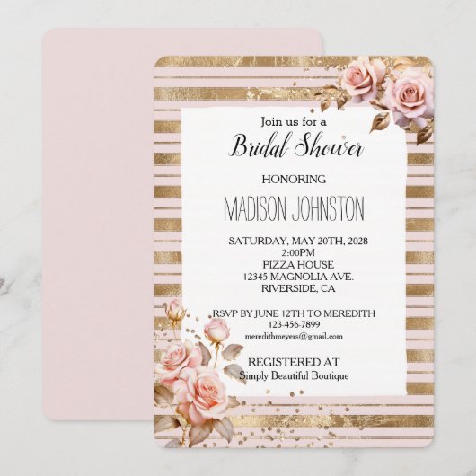 ピンクのバラ ゴールドストライプ グリッター ブライダルシャワー 招待状 (正面/裏面)