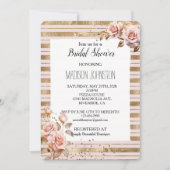 ピンクのバラ ゴールドストライプ グリッター ブライダルシャワー 招待状 (正面)