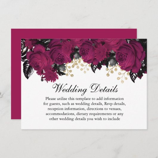 ピンクのバラ ゴールド マルサラ フラワー ウェディング 詳細 招待状 (正面/裏面)
