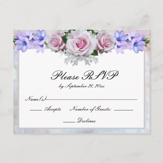 ピンクのバラ | シルバーボケージュのウェディング返信 インビテーションポストカード (正面)