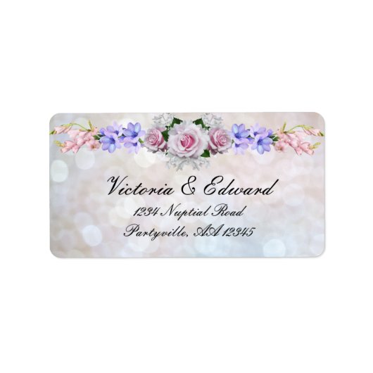 ピンクのバラ | シルバーボケージュ ウェディング ラベル (正面)