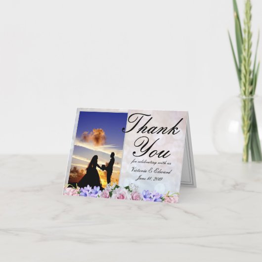 ピンクのバラ | シルバーボケージュ 結婚式の感謝 サンキューカード (正面)