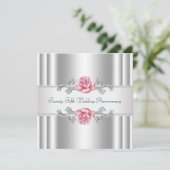 ピンクのバラ シルバー 25周年結婚記念日 招待状 (スタンド正面)