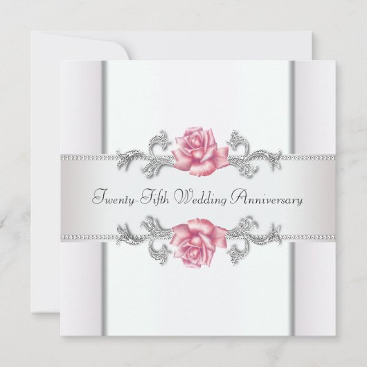 ピンクのバラ シルバー 25周年 結婚記念日 招待状 (正面)