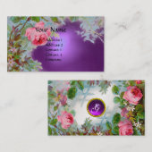 ピンクのバラ&ジャスミンモノグラムジェムストーンパープル 名刺 (正面/裏面)