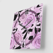 ピンクのバラ スクエア壁時計 (傾斜)