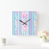 ピンクのバラ、ターコイズストライプの：正方形の壁時計 スクエア壁時計 (ホーム)