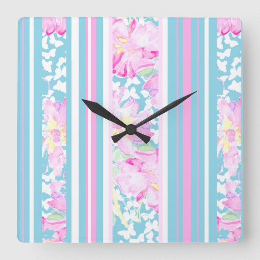 ピンクのバラ、ターコイズストライプの：正方形の壁時計 スクエア壁時計 (正面)
