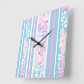 ピンクのバラ、ターコイズストライプの：正方形の壁時計 スクエア壁時計 (傾斜)