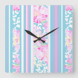 ピンクのバラ、ターコイズストライプの：正方形の壁時計 スクエア壁時計