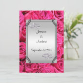 ピンクのバラ＆ダイヤモンドの結婚指輪 招待状 (スタンド正面)