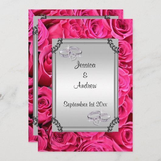 ピンクのバラ＆ダイヤモンドの結婚指輪 招待状 (正面/裏面)