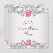 ピンクのバラ ダマスク プレティー ピンク スイート シックスティーン パーティー 招待状 (正面/裏面)