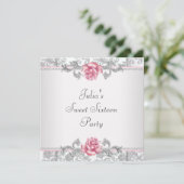 ピンクのバラ ダマスク プレティー ピンク スイート シックスティーン パーティー 招待状 (スタンド正面)