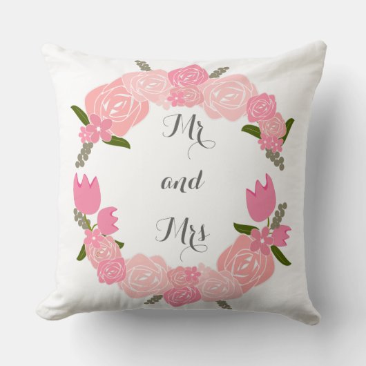 ピンクのバラ、チューリップ、花のリースMr.とMrs. クッション (正面)