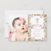ピンクのバラ |ドライグラスフローラガールバプテスマ写真 サンキューカード (正面)
