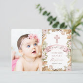 ピンクのバラ |ドライグラスフローラガールバプテスマ写真 サンキューカード (スタンド正面)