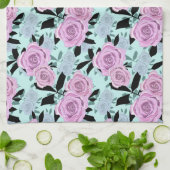 ピンクのバラ,バラ,ターコイズの背景 キッチンタオル (折り畳み)