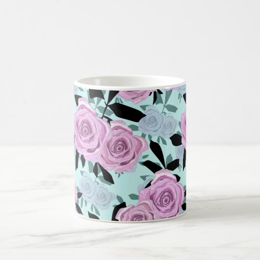 ピンクのバラ,バラ,ターコイズの背景 コーヒーマグカップ (中央)