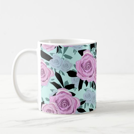ピンクのバラ,バラ,ターコイズの背景 コーヒーマグカップ (左)
