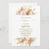 ピンクのバラ パンパスグラス ヤシの木 カリグラフィー 洗礼 招待状 (正面/裏面)