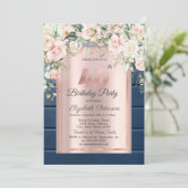 ピンクのバラ、ブルーウッドバラ金ゴールド40th誕生日 招待状 (スタンド正面)