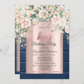 ピンクのバラ、ブルーウッドバラ金ゴールド40th誕生日 招待状 (正面/裏面)