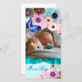 ピンクのバラ、ブルーバタフライ新生児写真テンプレート 案内状 (正面/裏面)