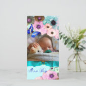 ピンクのバラ、ブルーバタフライ新生児写真テンプレート 案内状 (スタンド正面)