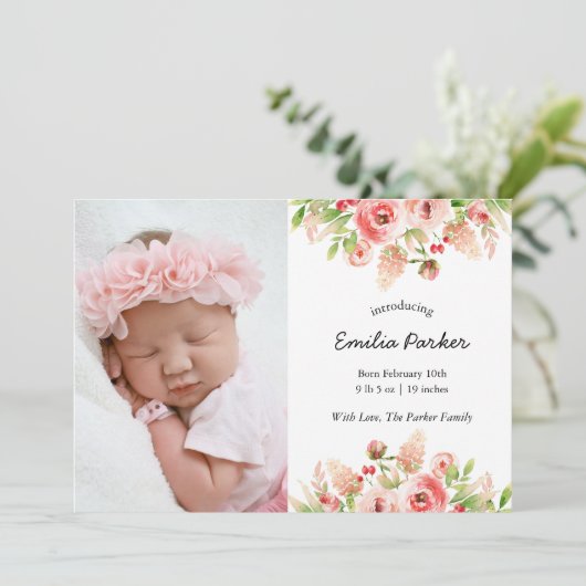 ピンクのバラ |モダンエレガントフローラ写真誕生 案内状 (スタンド正面)