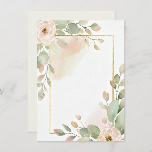 ピンクのバラ、ユーカリとゴールドフレームの空白の結婚式 招待状 (正面/裏面)