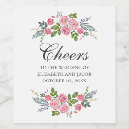 ピンクのバラ。ヴィンテージ結婚フローラ書 ワインラベル