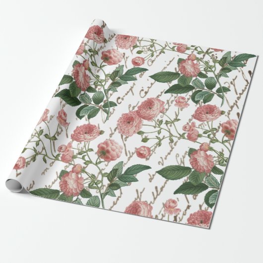 ピンクのバラ ヴィンテージ フランス語 スクリプト ゴールド テキスト ラッピングペーパー (アンロールド)