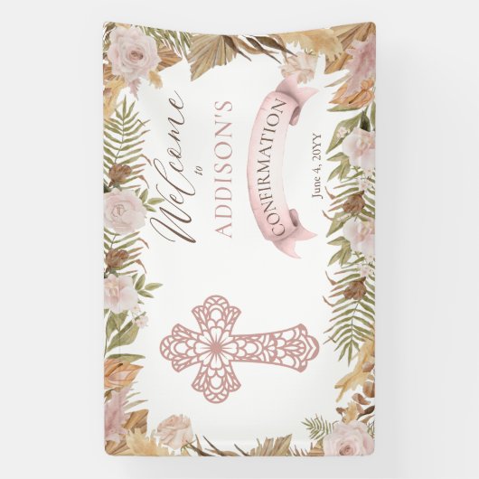 ピンクのバラ |乾燥した草のフローラの少女の確認 横断幕 (縦)