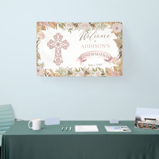 ピンクのバラ |乾燥した草のフローラの少女の確認 横断幕 (トレードショー)