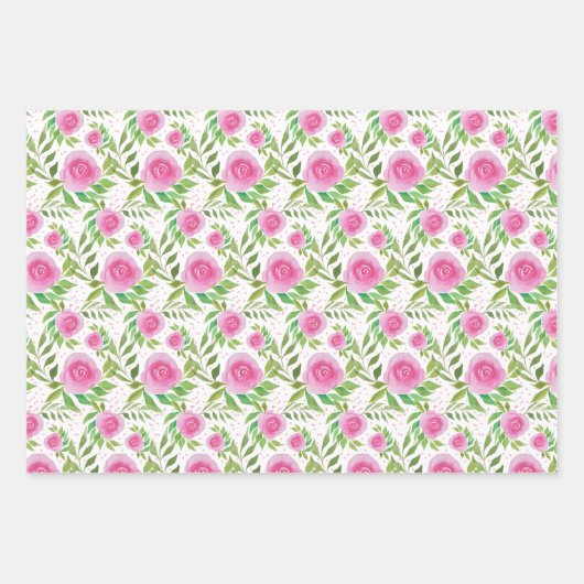 ピンクのバラ、水彩の手絵を描形 ラッピングペーパーシート (正面)