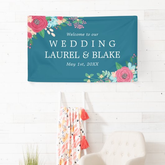 ピンクのバラ | 深いブルーウェルカム結婚to Our 横断幕 (インサイチュ)