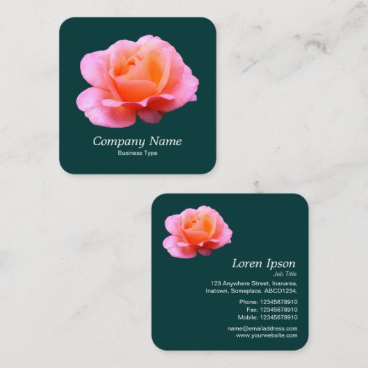 ピンクのバラ – 濃い緑 スクエア名刺 (正面/裏面)
