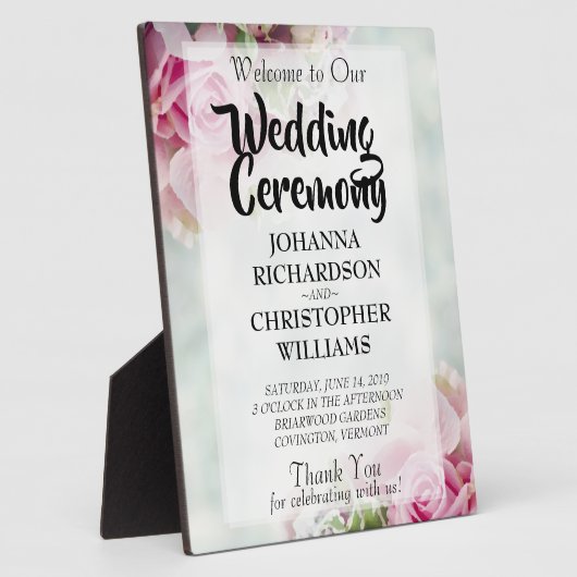 ピンクのバラ&牡丹の芽エレガントな結婚式へようこそ フォトプラーク (側面)