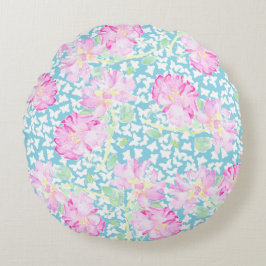 ピンクのバラ、白い蝶、青い丸いクッション ラウンドクッション