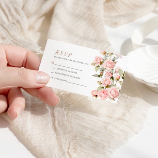 ピンクのバラ&緑の葉ウェディングRSVPカード エンクロージャーカード