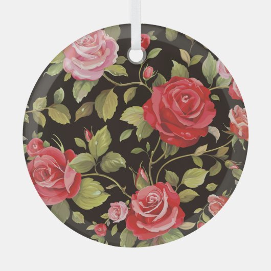 ピンクのバラ：花エレガント柄。 ガラスオーナメント (正面)
