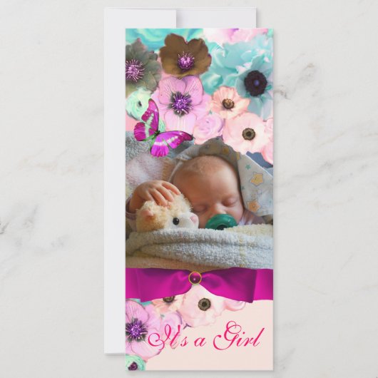 ピンクのバラ、蝶の赤ちゃんシャワー写真テンプレート 招待状 (正面)