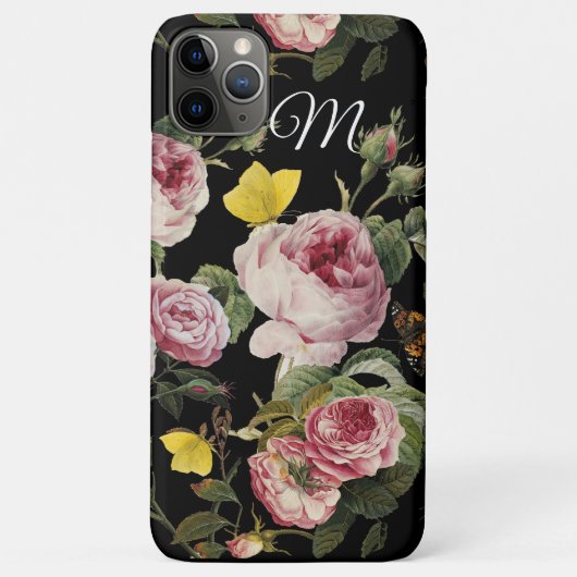 ピンクのバラ、蝶ブラックモノグラム Case-Mate iPhoneケース (裏面)